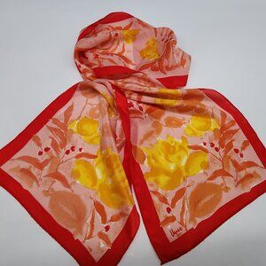 Vera Neumann Hand Painted Silk Scarf With Red Border & Yellow Floral Design